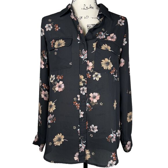 Who What Wear Sz M Long-Sleeve Button Down Blouse Black Floral Semi-Sheer Collar - Picture 1 of 9